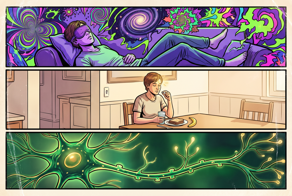 Early-90s-style comic: a person in an eye mask amid swirling psychedelic colors, then the same person calmly taking a pill at a kitchen table, then a glowing neuron sprouting new branches.