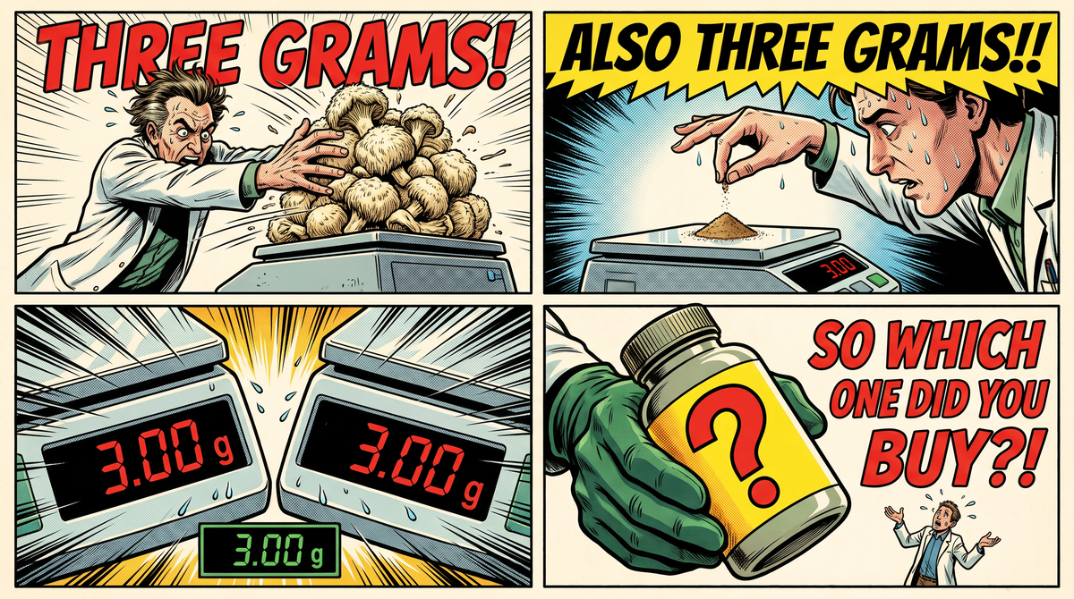 Four-panel comic. A scientist dumps a heap of dried mushroom on a scale labelled THREE GRAMS. A second scientist sprinkles a tiny pinch onto an identical scale labelled ALSO THREE GRAMS. 