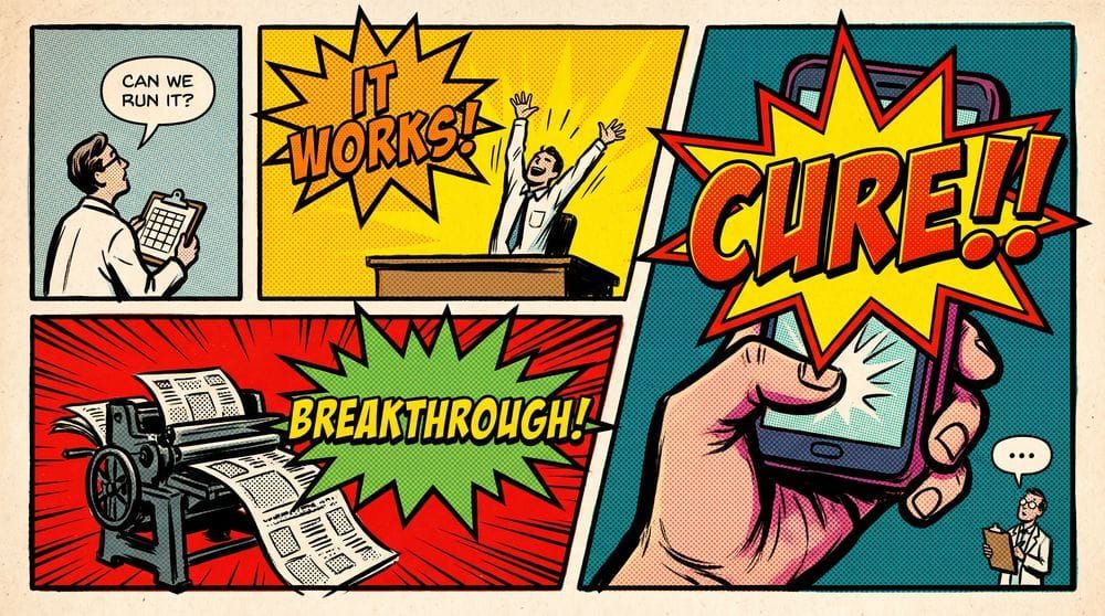 A four-panel comic strip. In a small quiet panel, a scientist in a lab coat looks up from a clipboard and asks, "Can we run it?" In the next panel, a man at a desk throws both arms in the air
