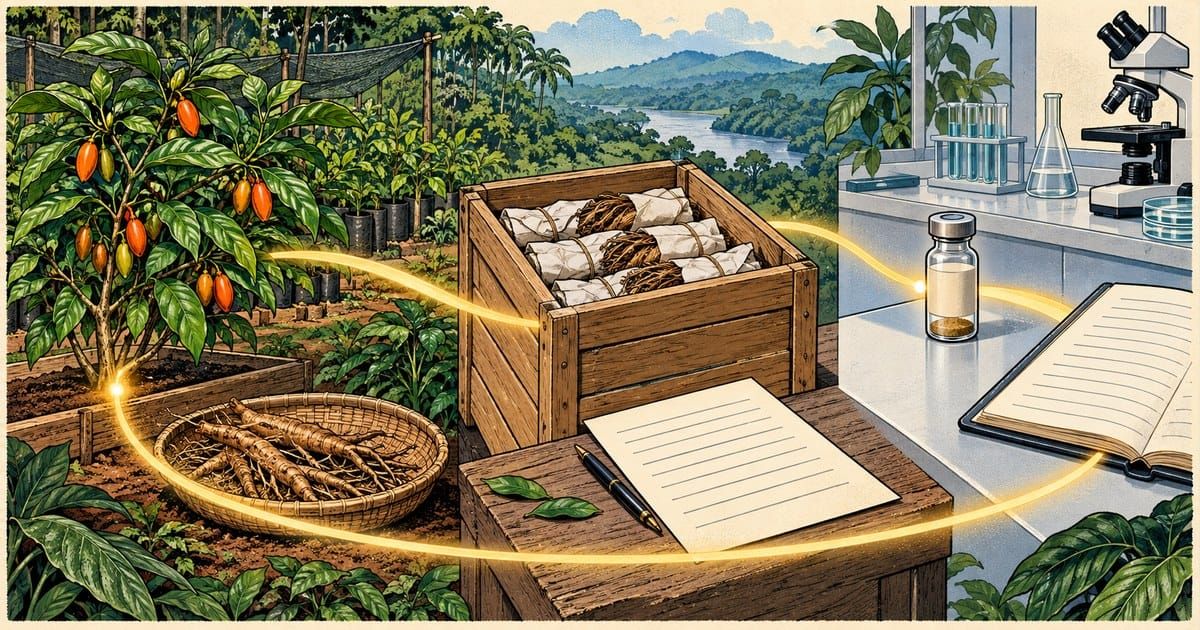 Comic illustration linking an orange-fruited iboga shrub, a basket of roots, a shipping crate and a laboratory vial. 