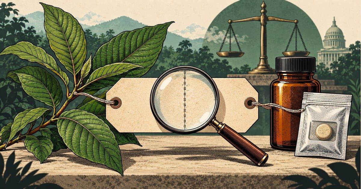 Comic illustration of a leafy kratom branch and an amber bottle with a tablet packet, connected by a blank tag examined through a magnifying glass. 