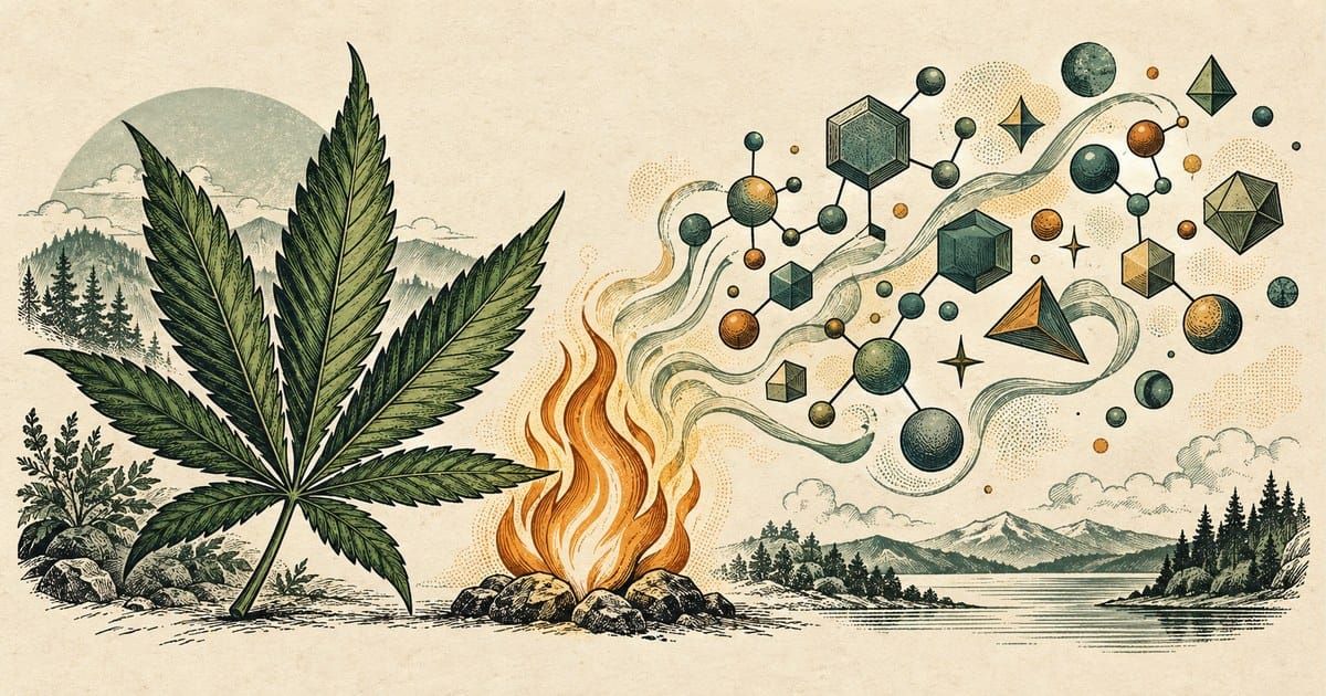 Comic-style illustration of a large cannabis leaf beside an amber flame, with abstract molecular shapes drifting above a forest-and-lake landscape.