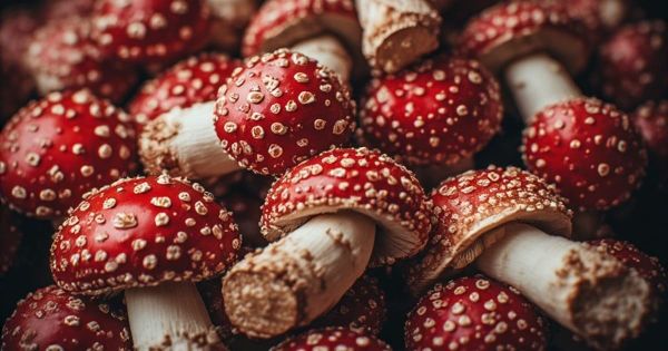 Close-up of red-capped psilocybin mushrooms with gold speckled caps