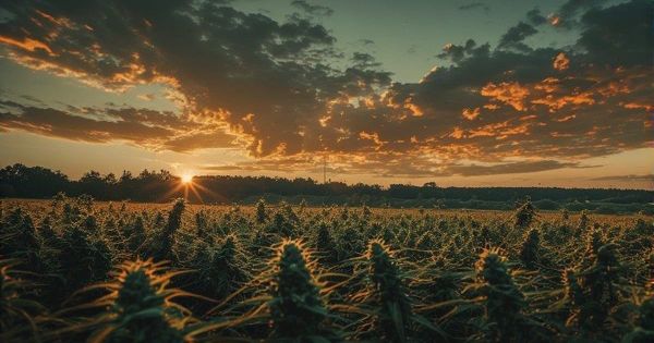Hemp cannabis field at golden hour sunset with dramatic clouds