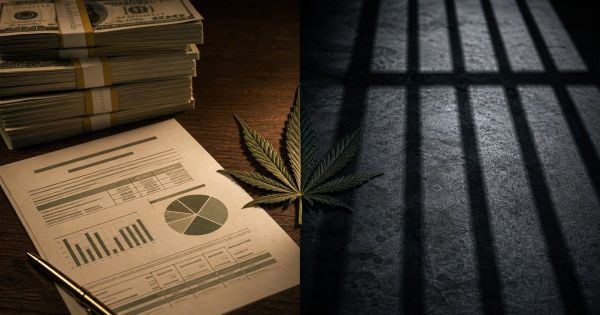 A cannabis leaf on the dividing line between a stack of cash with a financial report in warm light and the shadow of prison bars on a concrete floor