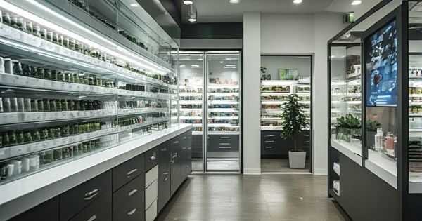 Modern cannabis dispensary interior with illuminated glass shelving, dark cabinetry, and a potted plant in a clean contemporary retail space