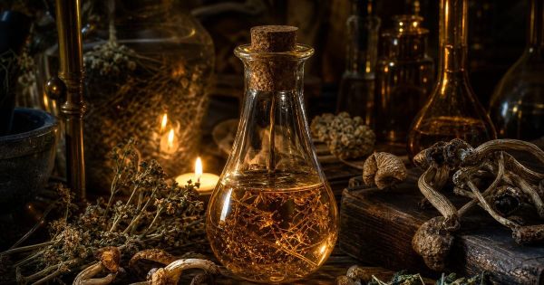 Dark apothecary still life with a glowing amber glass flask surrounded by dried psilocybin mushrooms, botanical herbs, and candlelight on a weathered wooden surface