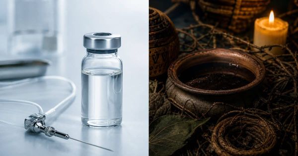 A split image: a clinical glass vial and an IV needle on a cold sterile surface on the left, and a clay pot of dark ayahuasca brew surrounded by vines and candlelight on the right