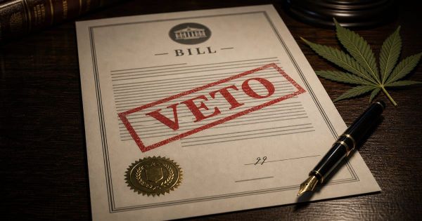Vetoed legislation document stamped in red ink, with a gavel and cannabis leaf on a dark wooden desk