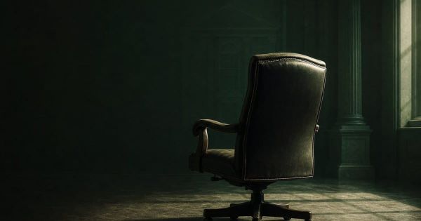An empty high-backed leather office chair alone in a dark, dimly lit institutional room, with the faint outline of a government building in the shadows behind it.