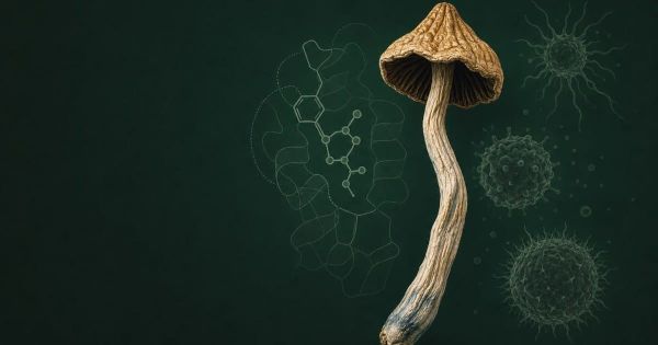 A dried psilocybin mushroom against a dark green background, with a faint molecular diagram and immune-cell illustrations behind it.