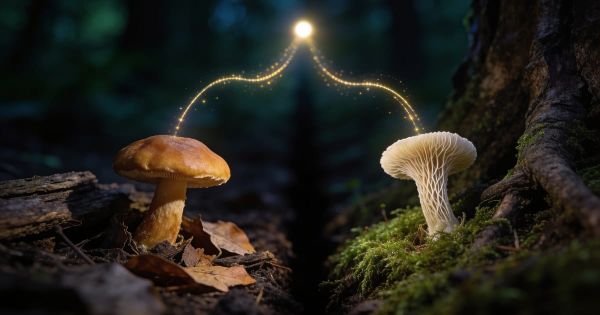 Two different wild mushrooms on a dark forest floor, each with a faint glowing path of light that curves up and meets at a single point between them.