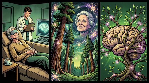 Early-90s-style comic: an older woman in an eye mask in a research lab, then her face amid a starlit redwood forest, then a brain drawn as a tree leafing out with sparks of light.
