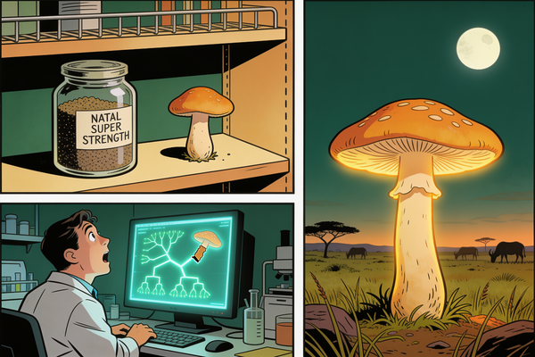 Early-90s comic strip: a spore jar labeled Natal Super Strength; a scientist startled by a phylogenetic tree; the same mushroom in an ancient grassland at dusk with grazing animals.