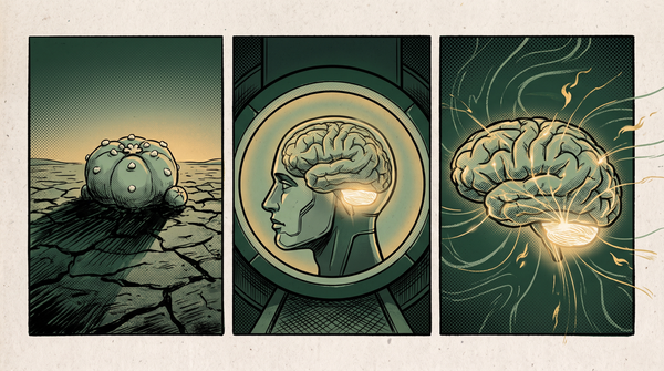 Three-panel comic strip: a peyote cactus in the desert, a brain in an MRI scanner with the cerebellum glowing, and that glow spreading connection lines across the brain.