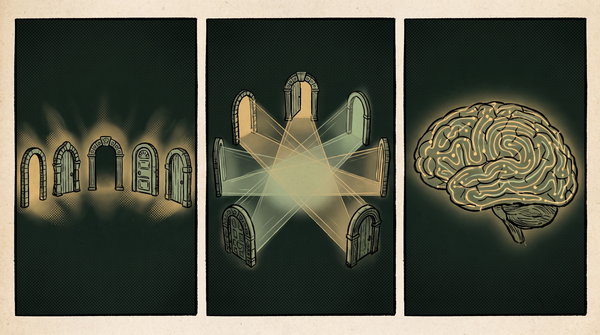 Three-panel comic strip: five arched doorways in a row, the doorways converging toward one point of light, and a brain in profile overlaid with a glowing fingerprint of connecting lines.