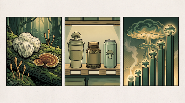 Three-panel comic: mushrooms growing on a log, the same mushrooms as products on a store shelf, and a giant mushroom-shaped cloud rising over climbing bar graphs.