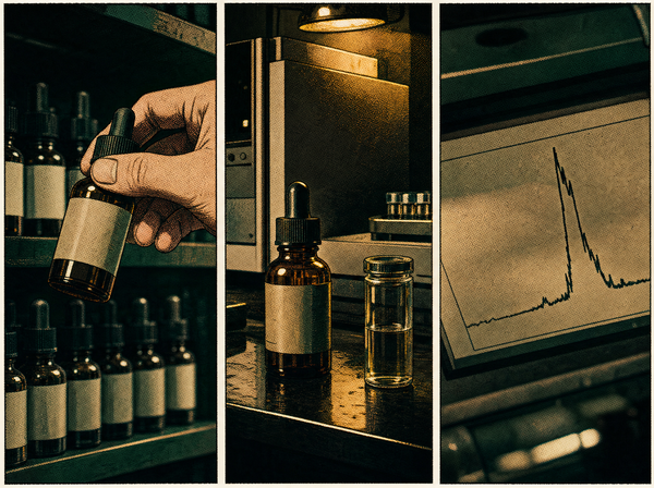 A three-panel comic showing a hand taking a dropper bottle from a shop shelf, the bottle on a laboratory bench, and a close-up of an analytical readout with an irregular peak.