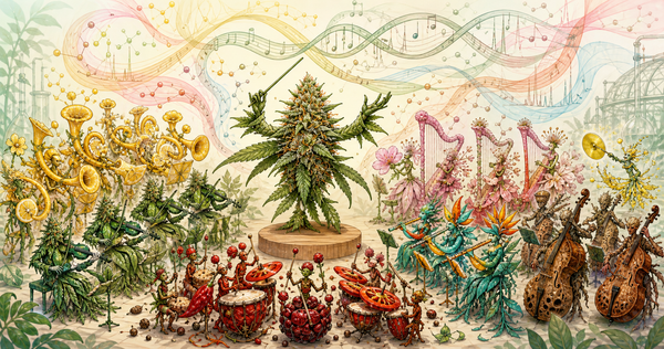 An illustrated cannabis flower conducts six color-coded botanical orchestras—brass, strings, percussion, woodwinds, harps, and basses—beneath flowing scent ribbons, musical notes.