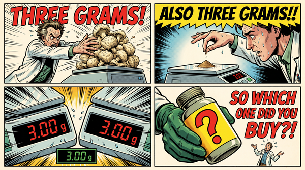 Four-panel comic. A scientist dumps a heap of dried mushroom on a scale labelled THREE GRAMS. A second scientist sprinkles a tiny pinch onto an identical scale labelled ALSO THREE GRAMS. 