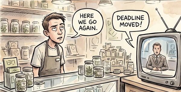 A dispensary clerk rolls his eyes at an old television announcing that the deadline has moved.