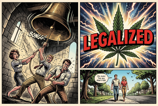 A three-panel 1980s-style comic. In the first, three alarmed people haul on a rope to ring an enormous bell in a stone tower, with the sound effect BONGG. In the second, the word LEGALIZED in