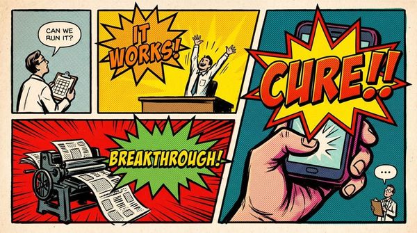 A four-panel comic strip. In a small quiet panel, a scientist in a lab coat looks up from a clipboard and asks, "Can we run it?" In the next panel, a man at a desk throws both arms in the air