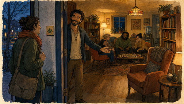 nk-and-watercolor illustration of a host welcoming a guest into a cannabis-friendly lounge, with an empty armchair and three adults playing a board game inside.