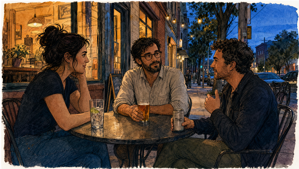 Ink-and-watercolor illustration of three adults talking at an outdoor café at dusk, with sparkling water, beer and a can labeled THC on the table.