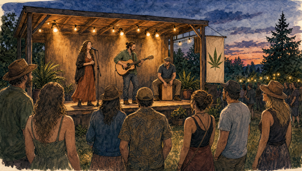 Ink-and-watercolor illustration of a singer, acoustic guitarist and cajón player on a warmly lit outdoor stage at dusk, with an audience and a cannabis-leaf banner.