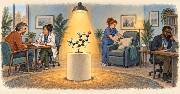 Ink-and-watercolor illustration of a molecular model under a spotlight as a care team consults with a patient, prepares a treatment chair, and makes a phone call.