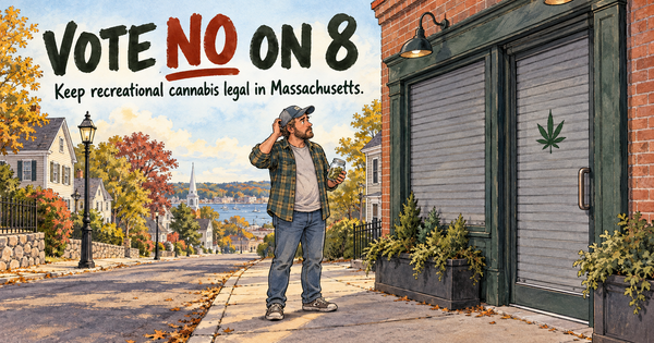 Hand-drawn illustration of an adult holding a cannabis jar outside a shuttered dispensary on an autumn street. Text reads: “VOTE NO ON 8” and “Keep recreational cannabis legal in Massachusett