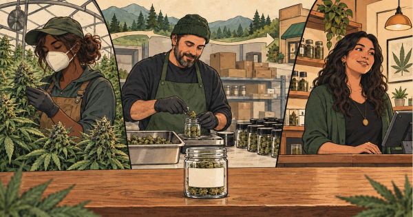 Comic illustration of a masked, woman tending cannabis plants, a man packaging flower into jars and a woman working at a dispensary counter, with a cannabis jar in the foreground