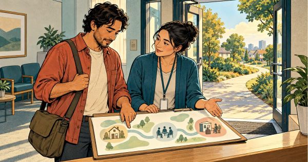 Comic illustration of a participant with a shoulder bag and a clinic staff member reviewing a map with home, peer-group and office icons beside an open doorway leading to a tree-lined path.