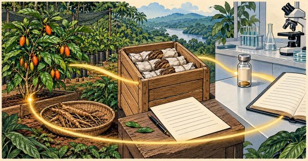 Comic illustration linking an orange-fruited iboga shrub, a basket of roots, a shipping crate and a laboratory vial. 