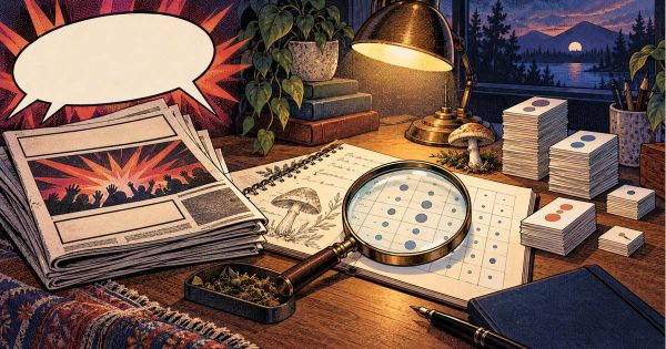 Comic illustration of newspapers beneath a blank speech balloon, beside a research notebook, a magnifying glass over a dot grid and response-card stacks of different heights. 