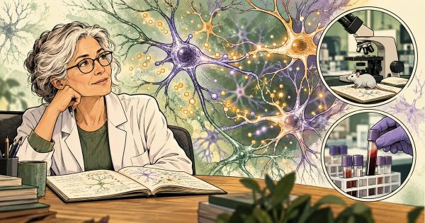 Comic illustration of a silver-haired woman at a desk with an open notebook, branching neurons behind her, and separate circular insets showing a mouse beside a microscope and blood-sample.