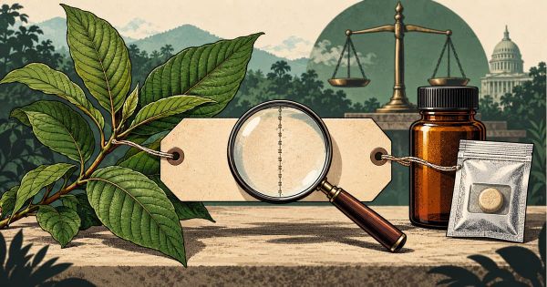 Comic illustration of a leafy kratom branch and an amber bottle with a tablet packet, connected by a blank tag examined through a magnifying glass. 