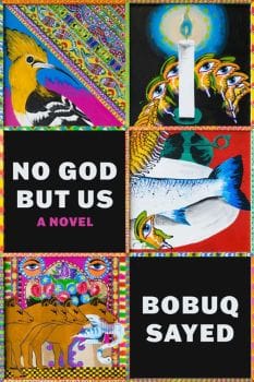 Cover of No God But Us—divided into squares featuring various colored patterns, animals, and disembodied eyes.