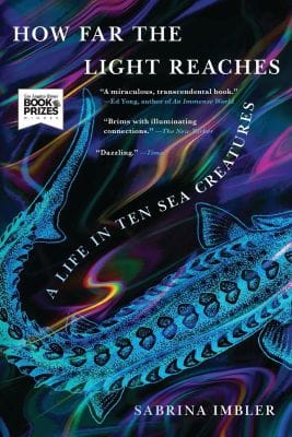Cover of How Far the Light Reaches by Sabrina Imbler, featuring swirls of blues and purples and a scaly creature of some kind