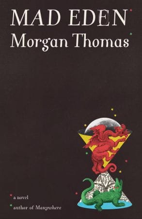 Cover of Mad Eden, with a mostly blank dark-brown background and red and green dragons in the lower right corner.