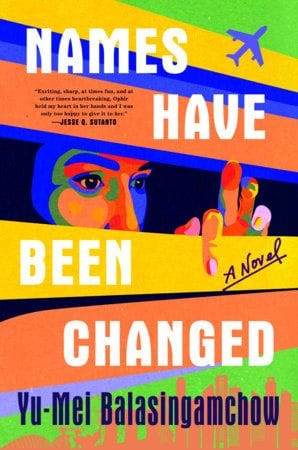 Cover of Names Have Been Changed, featuring an illustration of a person peering through multicolored blinds, with a city skyline at the bottom and an airplane above.