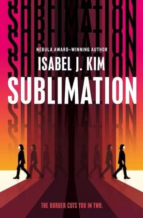 Cover of Sublimation, showing dual mirror images of a dark-haired, pale-skinned person walking away in gradually lightening opacities of color from a black center line.