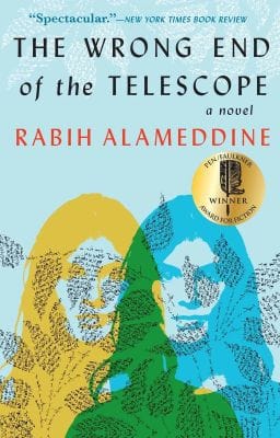 Cover of The Wrong End of the Telescope by Rabih Alameddine, featuring a pale blue background and two rough images of a person with long hair in gold and blue that overlap in green