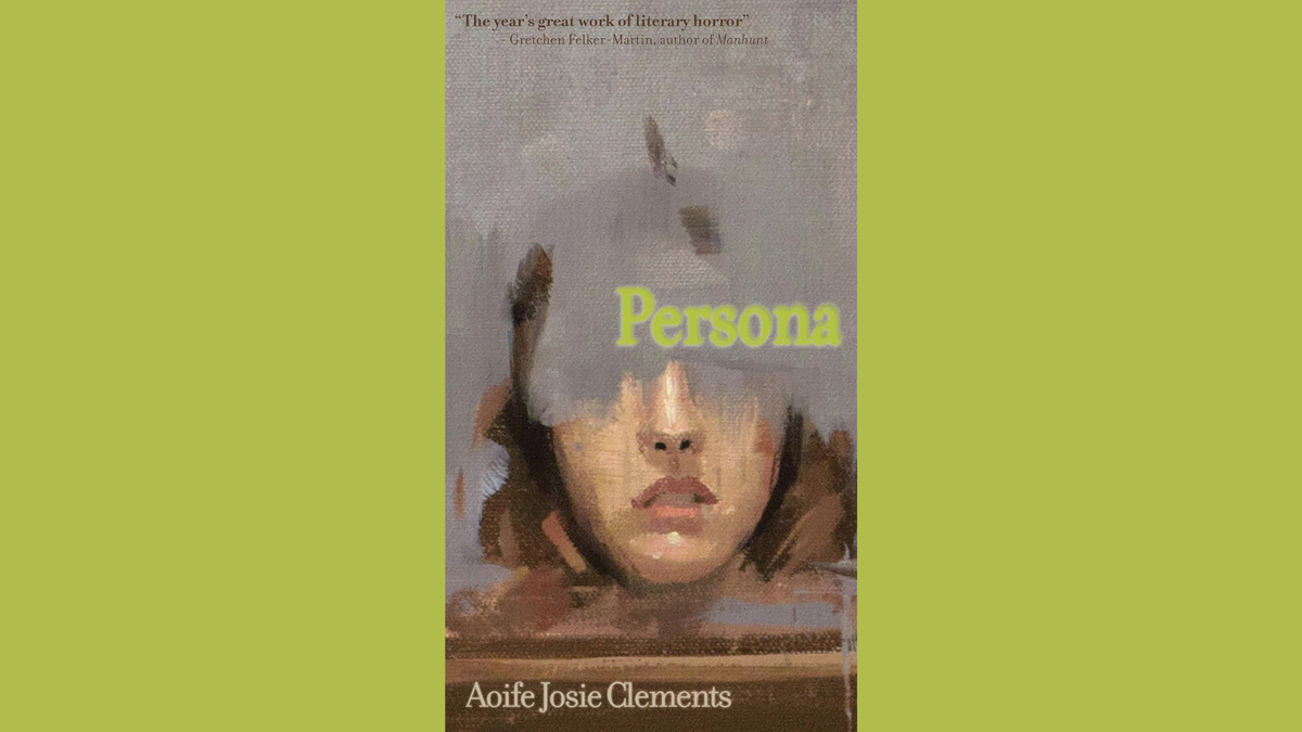 Cover of Persona, against a sickly green background that matches the title text, featuring the lower half of a person's face with eyes blotted out by grey brushstrokes.