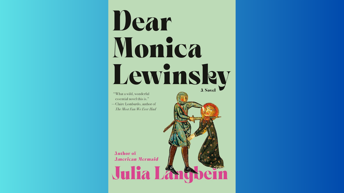 Cover of Dear Monica Lewinsky, featuring a medieval drawing of a knight stabbing a person with a sword