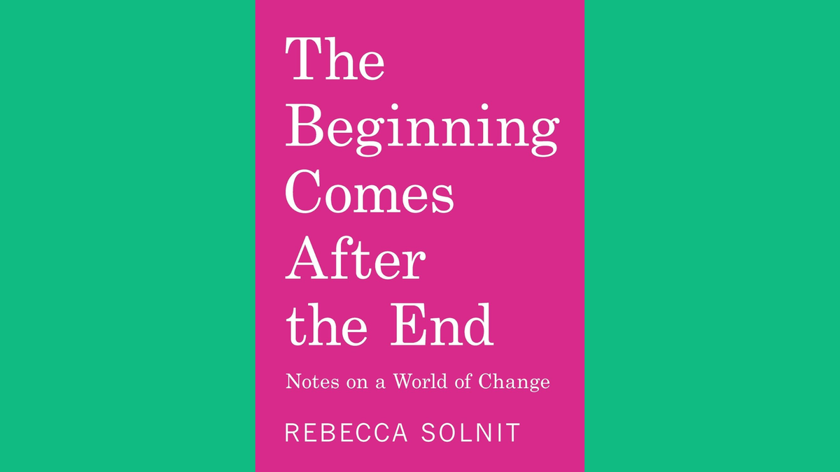 Solid bright pink cover of The Beginning Comes After the End on bright green background.