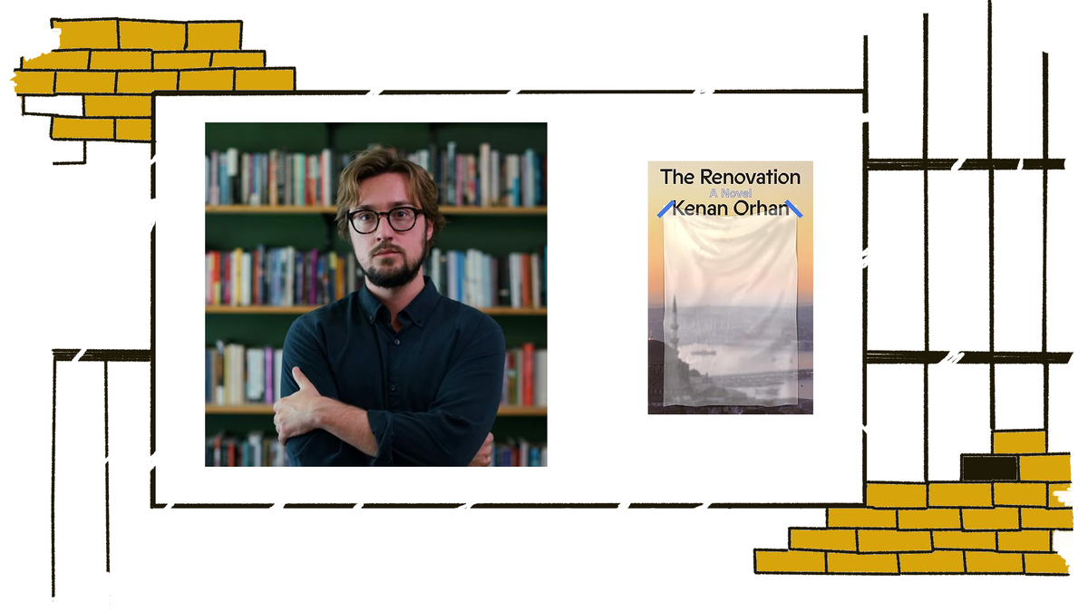 Author photo of Kenan Orhan and cover of his novel The Renovation set against a partially erased background of prison bars and bricks.
