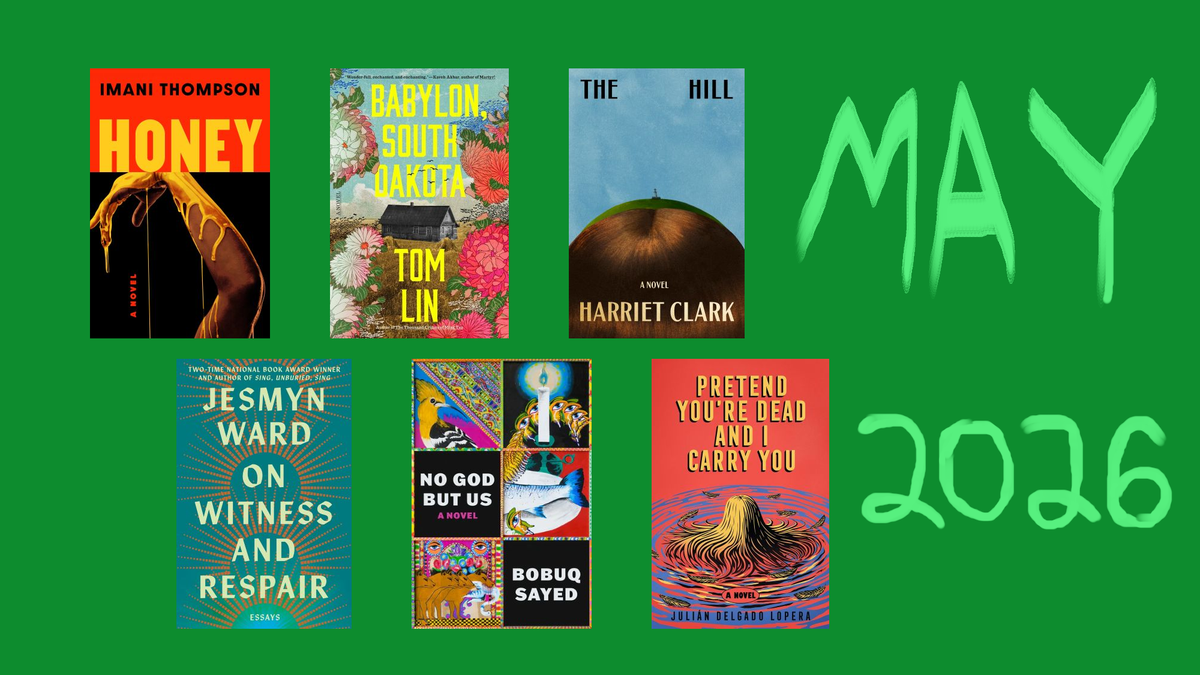 The books featured in this article on a deep green background and "May 2026" roughly drawn in a lighter green.