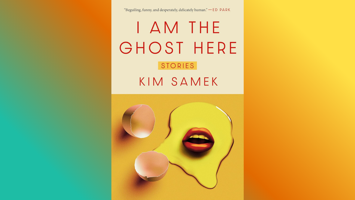 Cover of I Am the Ghost Here, featuring a cracked egg with a disembodied mouth where the yolk would normally be, on a gradient teal-to-light-orange background.